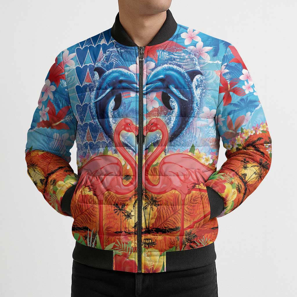 Hawaiian Love-Couple Dolphins and Flamingos Bomber Puffer Jacket - Polynesian Pride