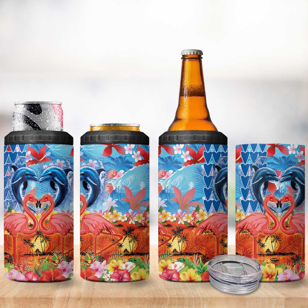 Hawaiian Love-Couple Dolphins and Flamingos 4 in 1 Can Cooler Tumbler - Polynesian Pride