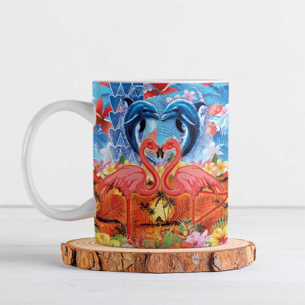Hawaiian Love-Couple Dolphins and Flamingos Ceramic Mug - Polynesian Pride