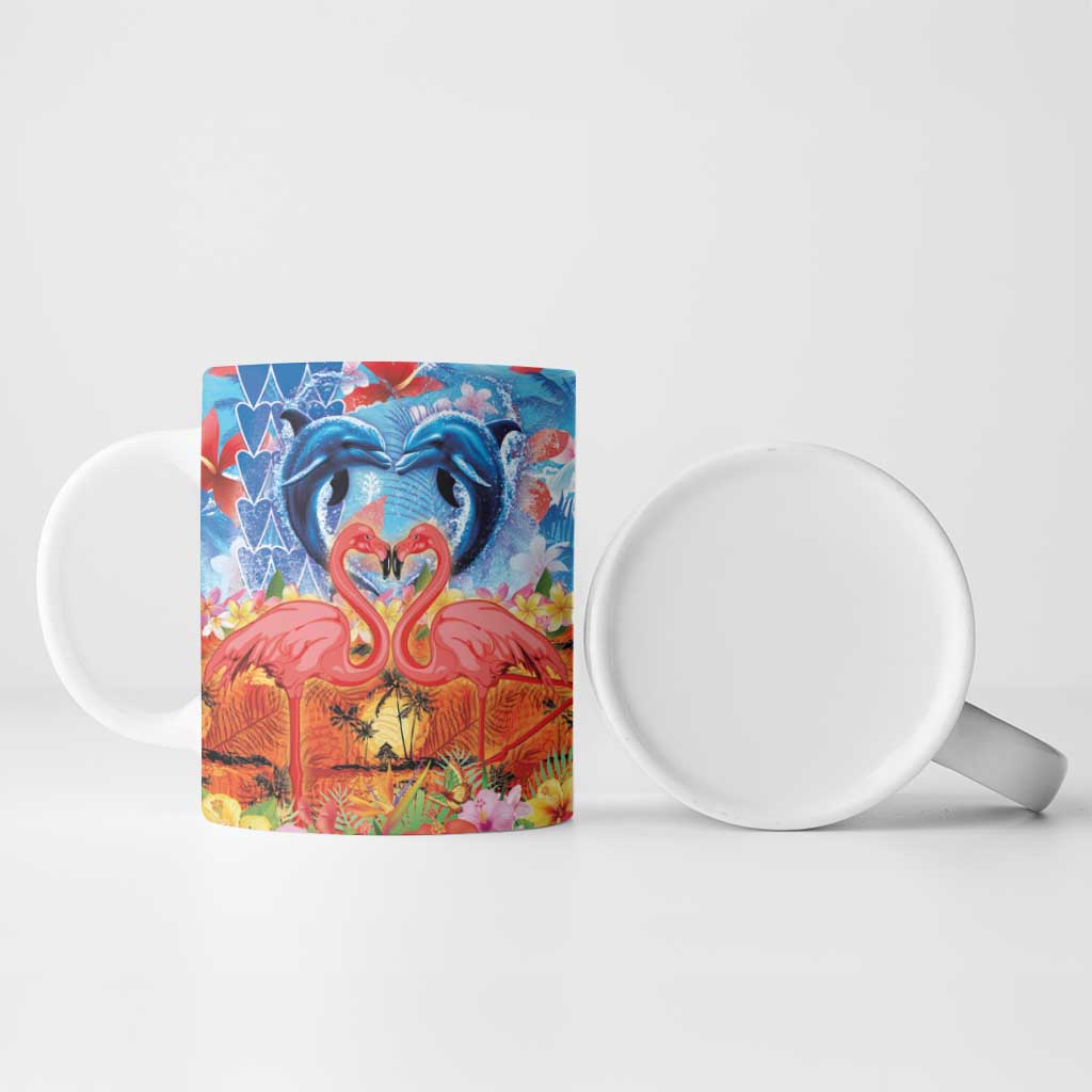 Hawaiian Love-Couple Dolphins and Flamingos Ceramic Mug - Polynesian Pride