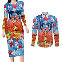 Hawaiian Love-Couple Dolphins and Flamingos Couples Matching Long Sleeve Bodycon Dress and Long Sleeve Button Shirt - Polynesian Pride