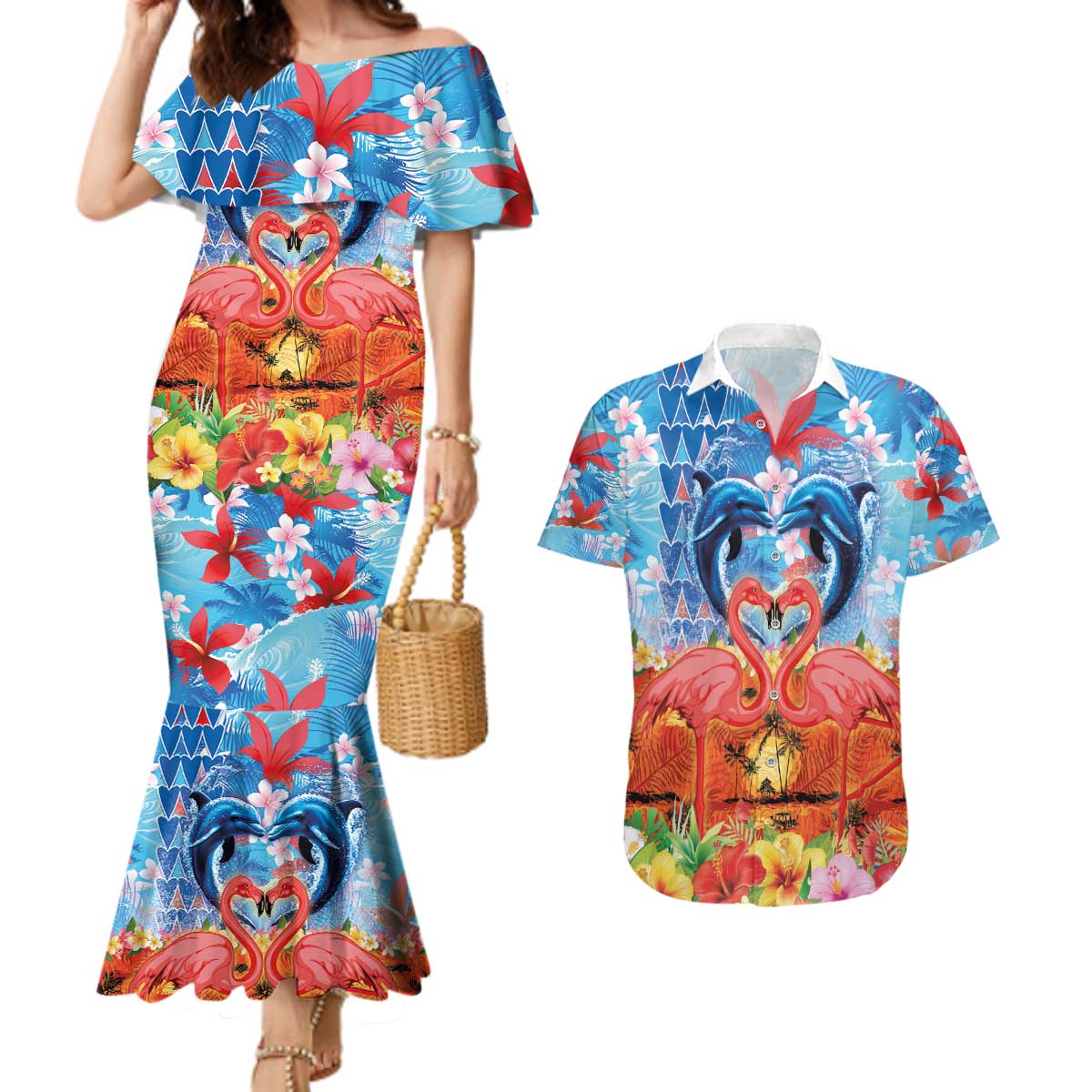 Hawaiian Love-Couple Dolphins and Flamingos Couples Matching Mermaid Dress and Hawaiian Shirt - Polynesian Pride