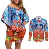 Hawaiian Love-Couple Dolphins and Flamingos Couples Matching Off Shoulder Short Dress and Long Sleeve Button Shirt - Polynesian Pride
