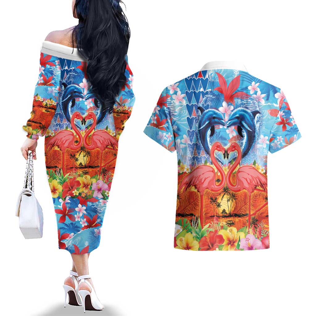 Hawaiian Love-Couple Dolphins and Flamingos Couples Matching Off The Shoulder Long Sleeve Dress and Hawaiian Shirt - Polynesian Pride