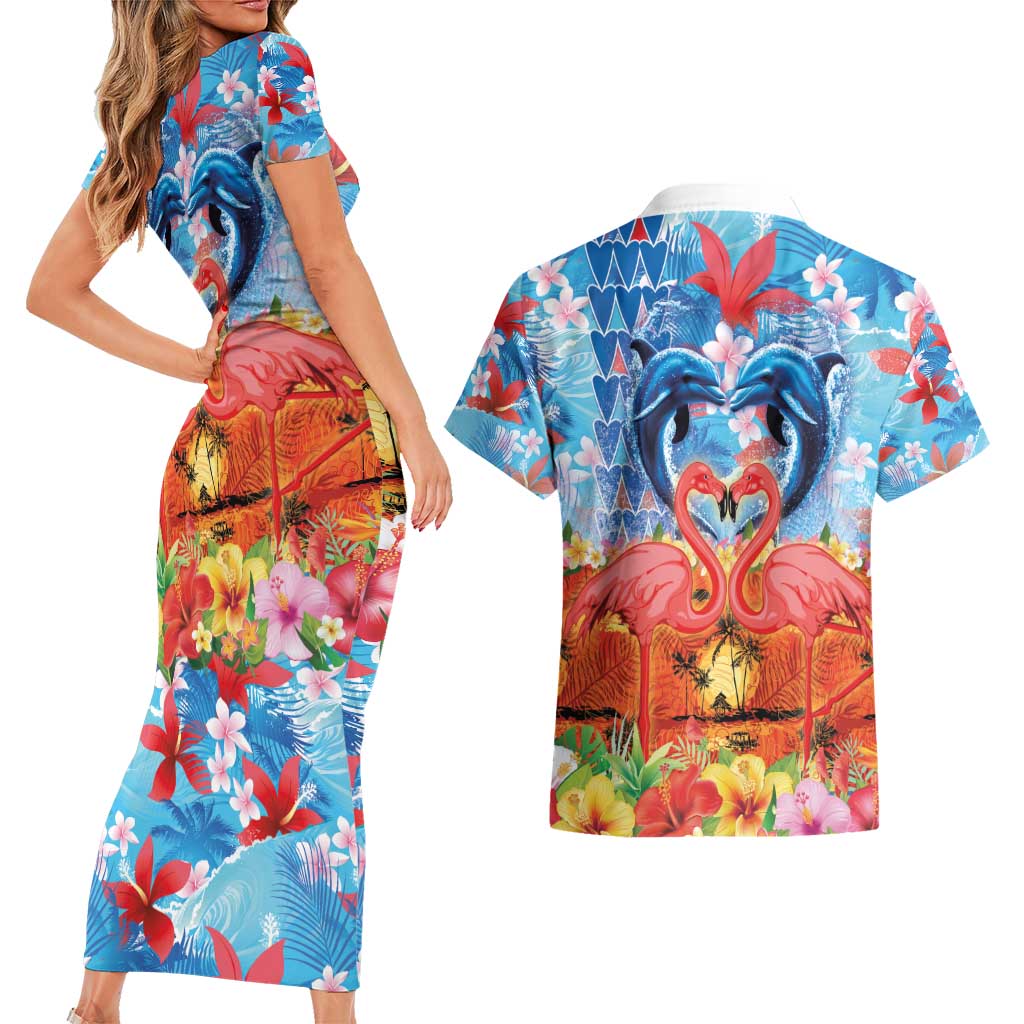 Hawaiian Love-Couple Dolphins and Flamingos Couples Matching Short Sleeve Bodycon Dress and Hawaiian Shirt - Polynesian Pride