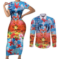 Hawaiian Love-Couple Dolphins and Flamingos Couples Matching Short Sleeve Bodycon Dress and Long Sleeve Button Shirt - Polynesian Pride