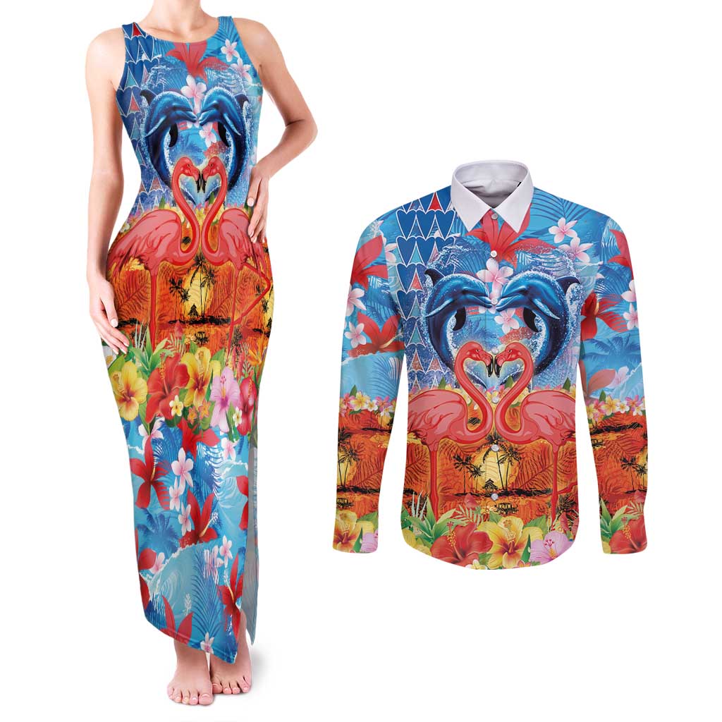 Hawaiian Love-Couple Dolphins and Flamingos Couples Matching Tank Maxi Dress and Long Sleeve Button Shirt - Polynesian Pride