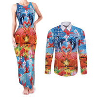 Hawaiian Love-Couple Dolphins and Flamingos Couples Matching Tank Maxi Dress and Long Sleeve Button Shirt - Polynesian Pride