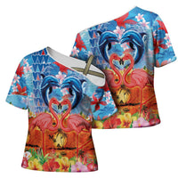 Hawaiian Love-Couple Dolphins and Flamingos Cross Shoulder Shirt - Polynesian Pride