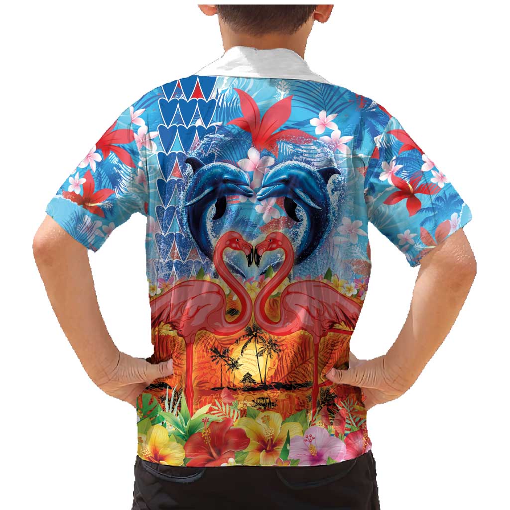 Hawaiian Love-Couple Dolphins and Flamingos Family Matching Mermaid Dress and Hawaiian Shirt - Polynesian Pride