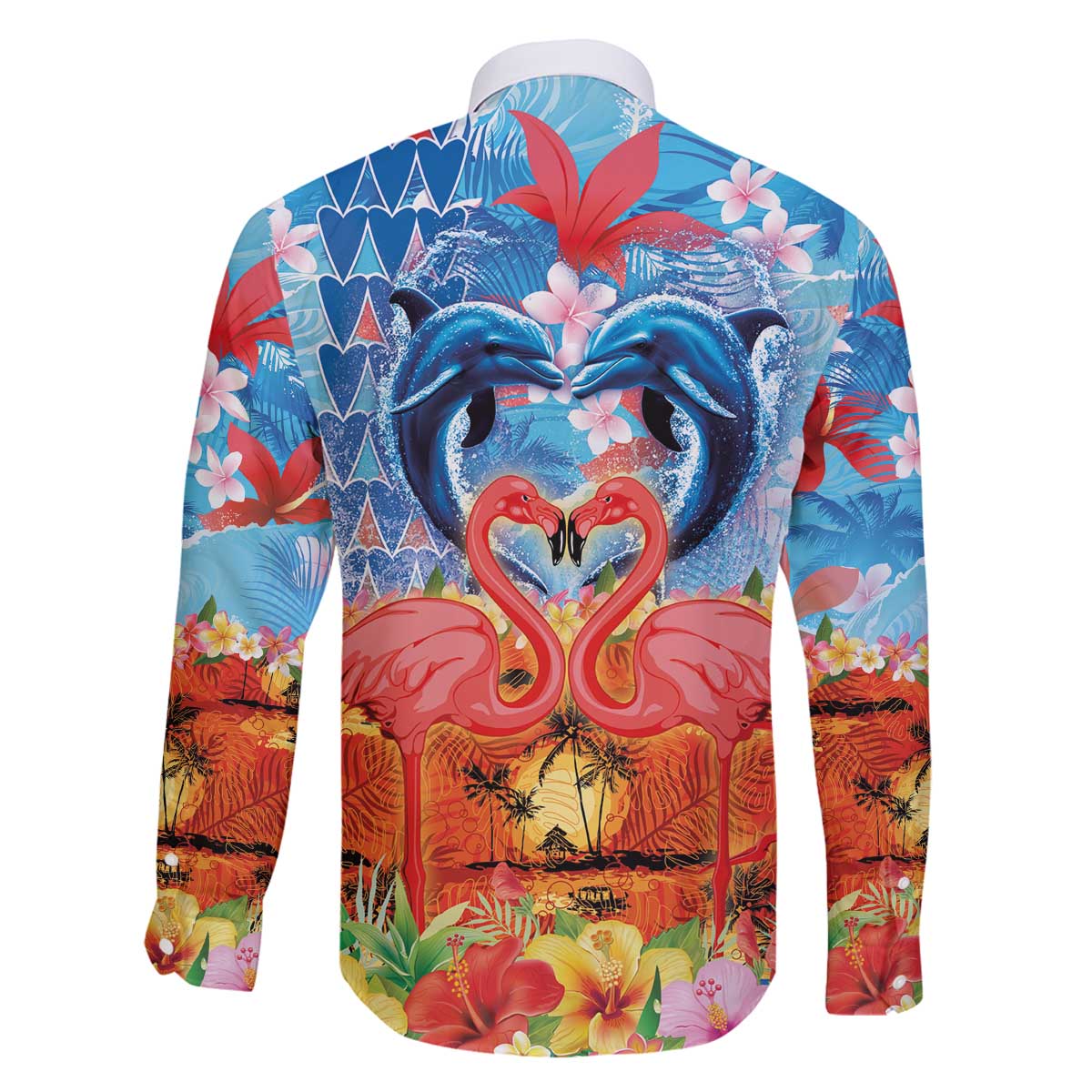 Hawaiian Love-Couple Dolphins and Flamingos Family Matching Off The Shoulder Long Sleeve Dress and Hawaiian Shirt - Polynesian Pride