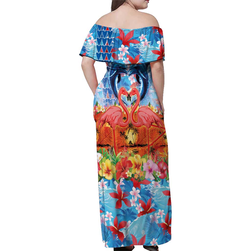Hawaiian Love-Couple Dolphins and Flamingos Family Matching Off Shoulder Maxi Dress and Hawaiian Shirt - Polynesian Pride