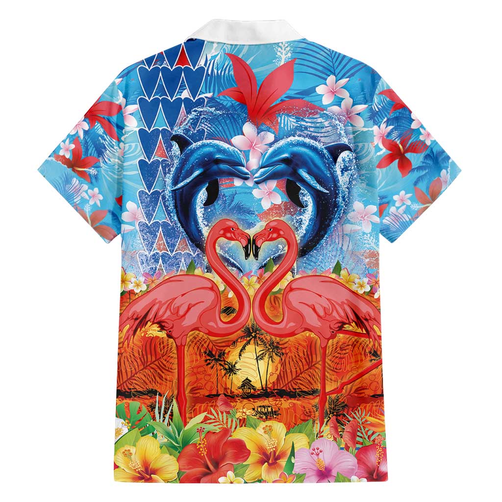 Hawaiian Love-Couple Dolphins and Flamingos Family Matching Off Shoulder Short Dress and Hawaiian Shirt - Polynesian Pride
