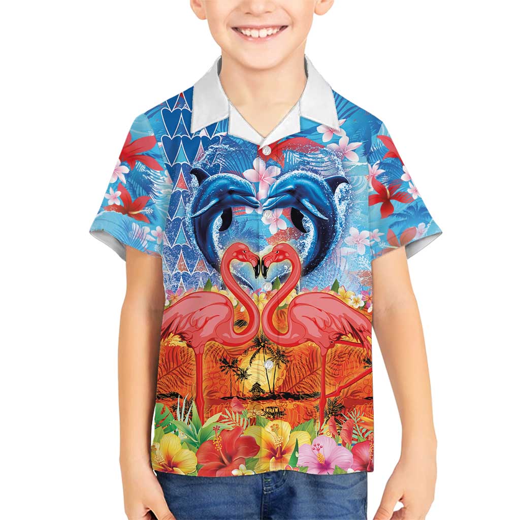 Hawaiian Love-Couple Dolphins and Flamingos Family Matching Off Shoulder Short Dress and Hawaiian Shirt - Polynesian Pride