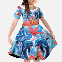 Hawaiian Love-Couple Dolphins and Flamingos Family Matching Puletasi and Hawaiian Shirt - Polynesian Pride