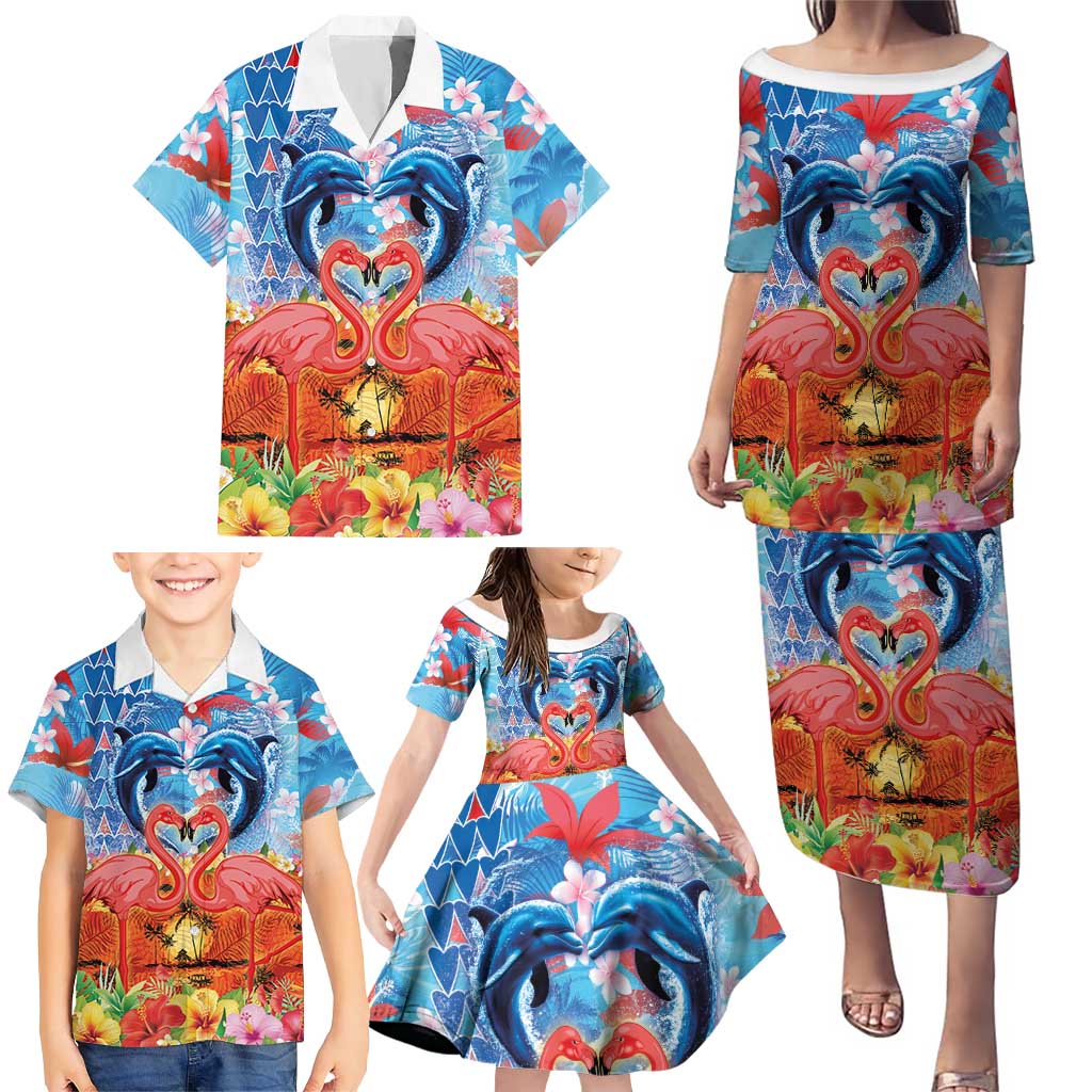 Hawaiian Love-Couple Dolphins and Flamingos Family Matching Puletasi and Hawaiian Shirt - Polynesian Pride