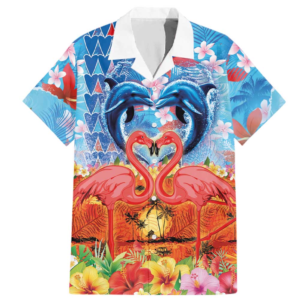 Hawaiian Love-Couple Dolphins and Flamingos Family Matching Puletasi and Hawaiian Shirt - Polynesian Pride