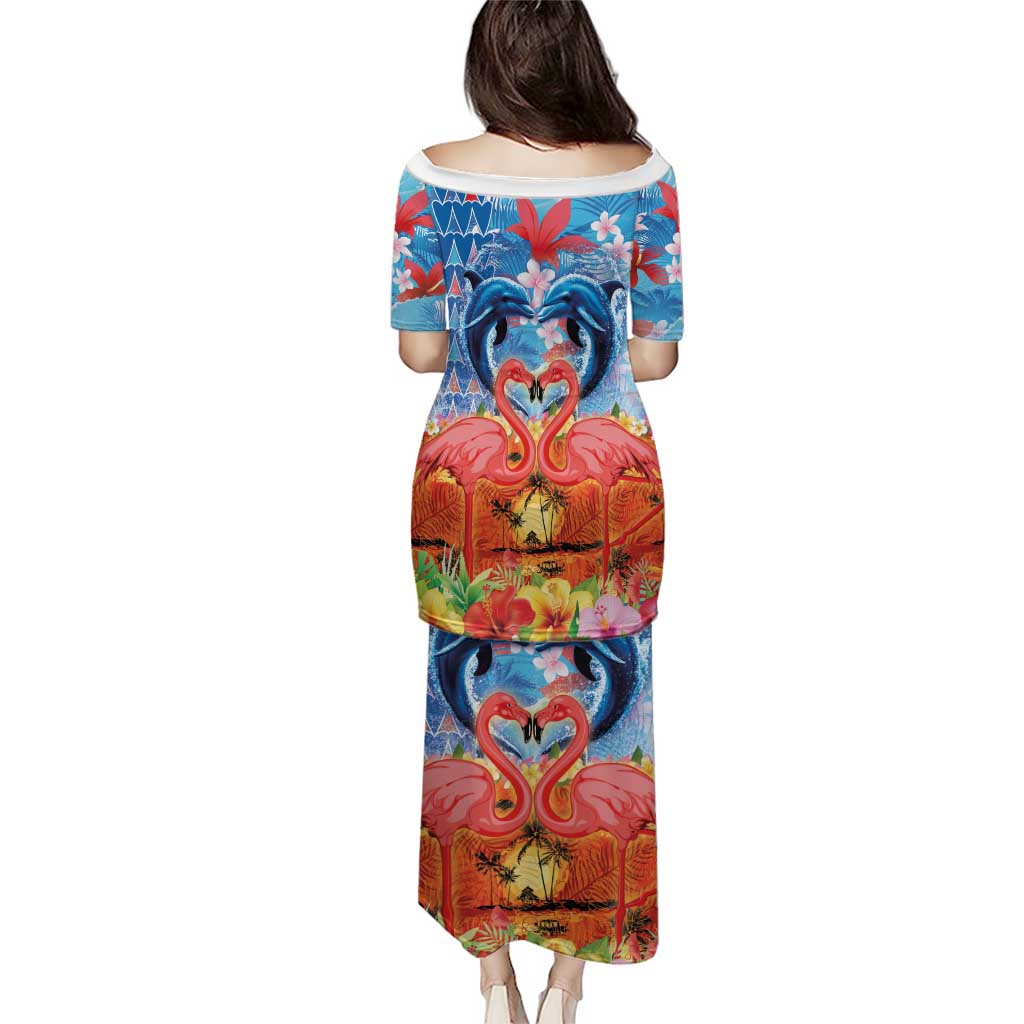 Hawaiian Love-Couple Dolphins and Flamingos Family Matching Puletasi and Hawaiian Shirt - Polynesian Pride