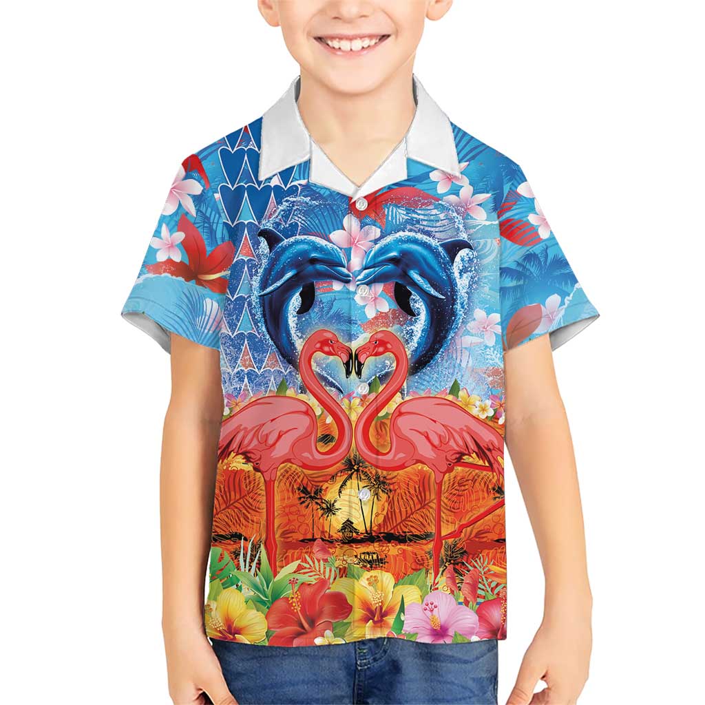 Hawaiian Love-Couple Dolphins and Flamingos Family Matching Puletasi and Hawaiian Shirt - Polynesian Pride