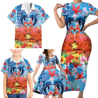 Hawaiian Love-Couple Dolphins and Flamingos Family Matching Short Sleeve Bodycon Dress and Hawaiian Shirt - Polynesian Pride