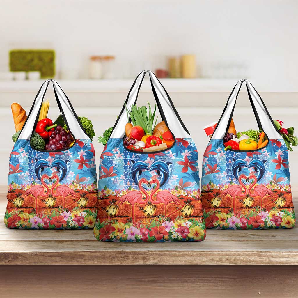 Hawaiian Love-Couple Dolphins and Flamingos Grocery Bag - Polynesian Pride