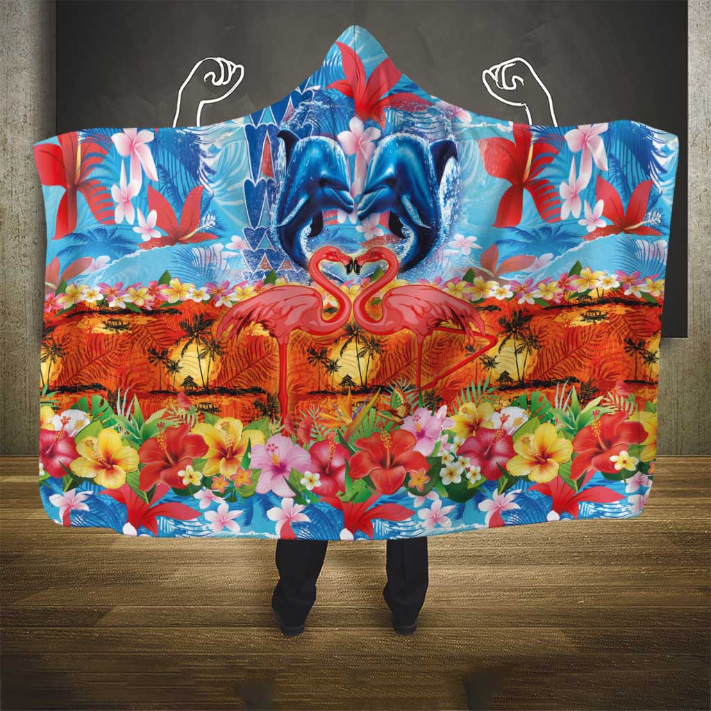 Hawaiian Love-Couple Dolphins and Flamingos Hooded Blanket - Polynesian Pride