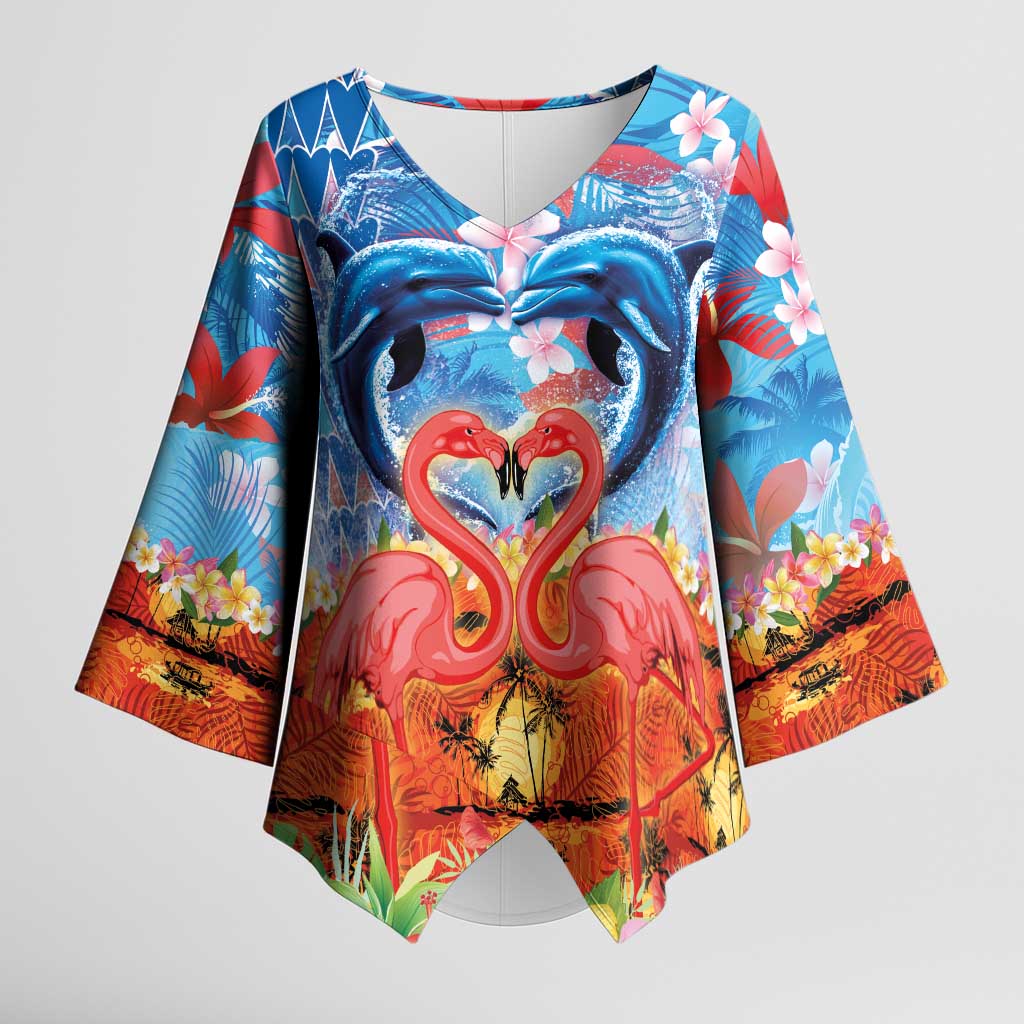 Hawaiian Love-Couple Dolphins and Flamingos Kimono Sleeve Blouse - Polynesian Pride