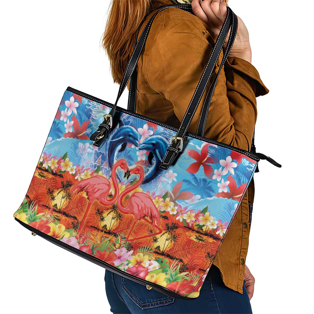 Hawaiian Love-Couple Dolphins and Flamingos Leather Tote Bag - Polynesian Pride