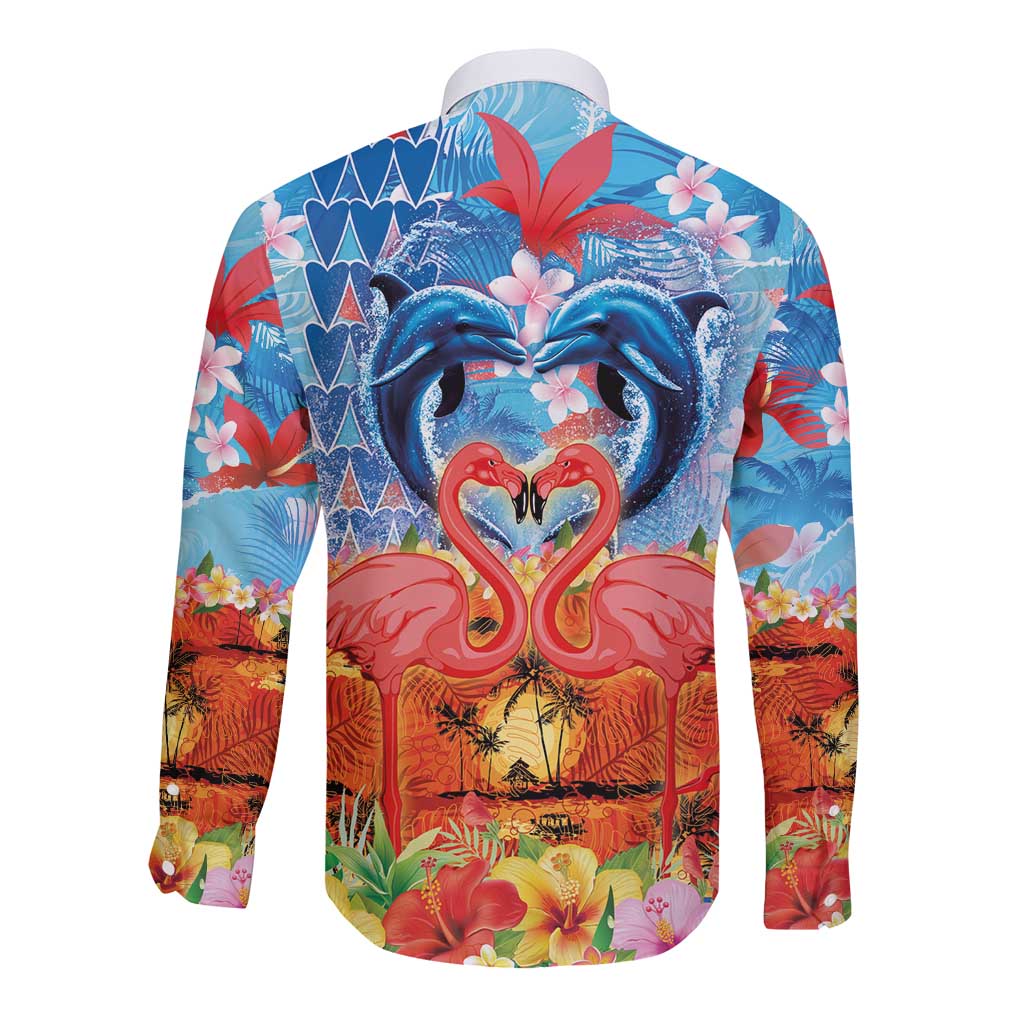 Hawaiian Love-Couple Dolphins and Flamingos Long Sleeve Button Shirt - Polynesian Pride