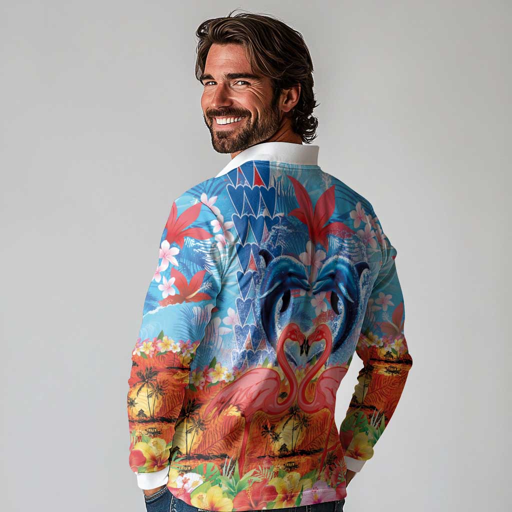 Hawaiian Love-Couple Dolphins and Flamingos Long Sleeve Polo Shirt - Polynesian Pride