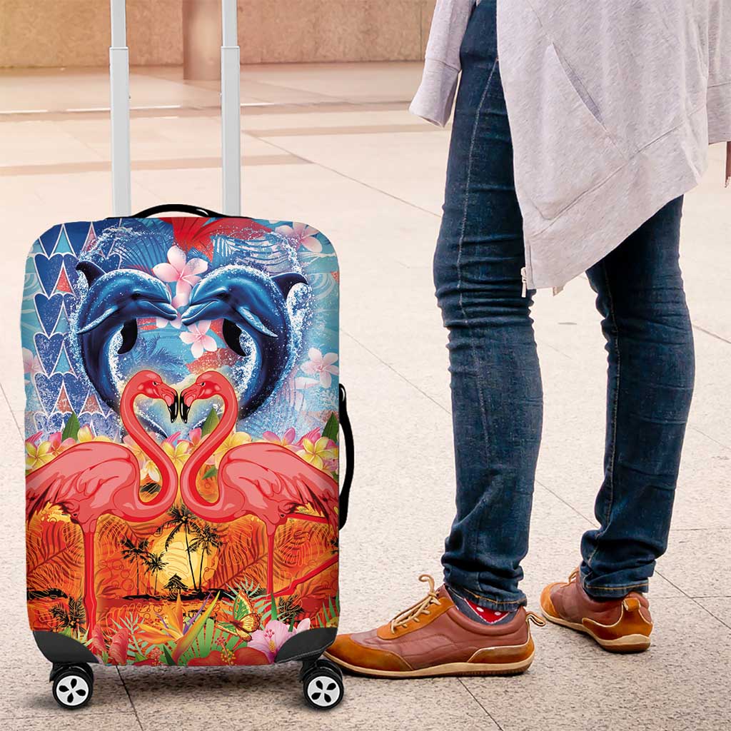 Hawaiian Love-Couple Dolphins and Flamingos Luggage Cover - Polynesian Pride