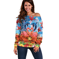 Hawaiian Love-Couple Dolphins and Flamingos Off Shoulder Sweater - Polynesian Pride