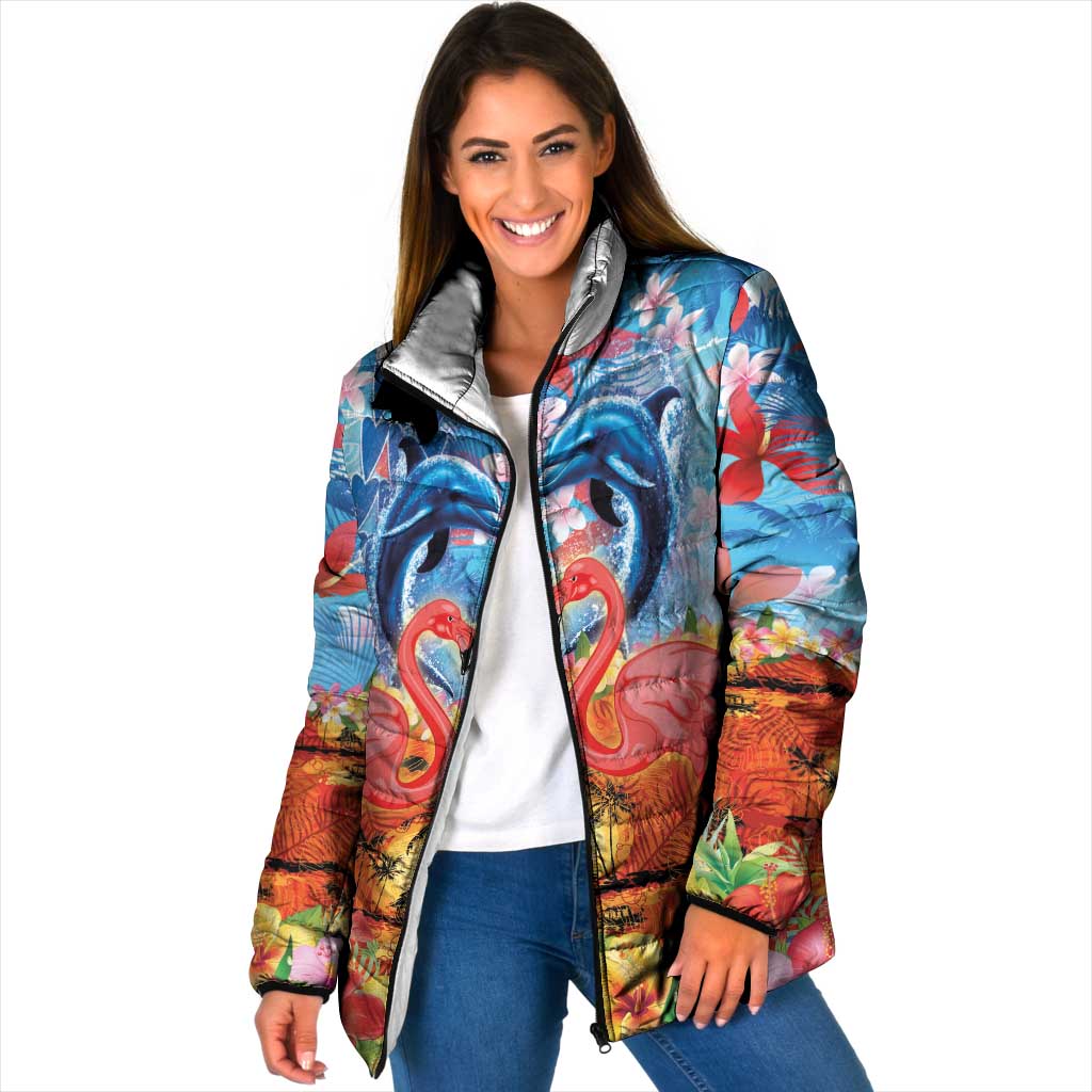 Hawaiian Love-Couple Dolphins and Flamingos Padded Jacket - Polynesian Pride