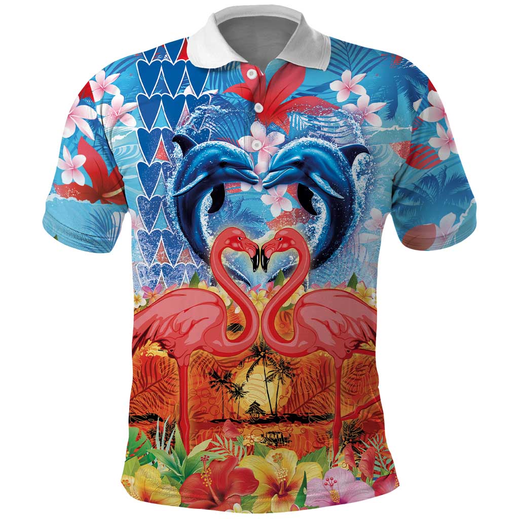 Hawaiian Love-Couple Dolphins and Flamingos Polo Shirt - Polynesian Pride