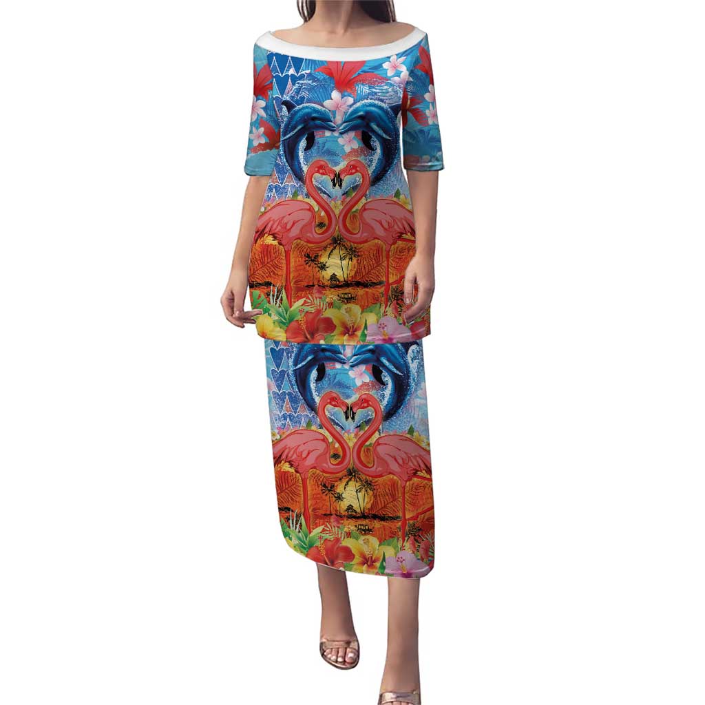 Hawaiian Love-Couple Dolphins and Flamingos Puletasi - Polynesian Pride