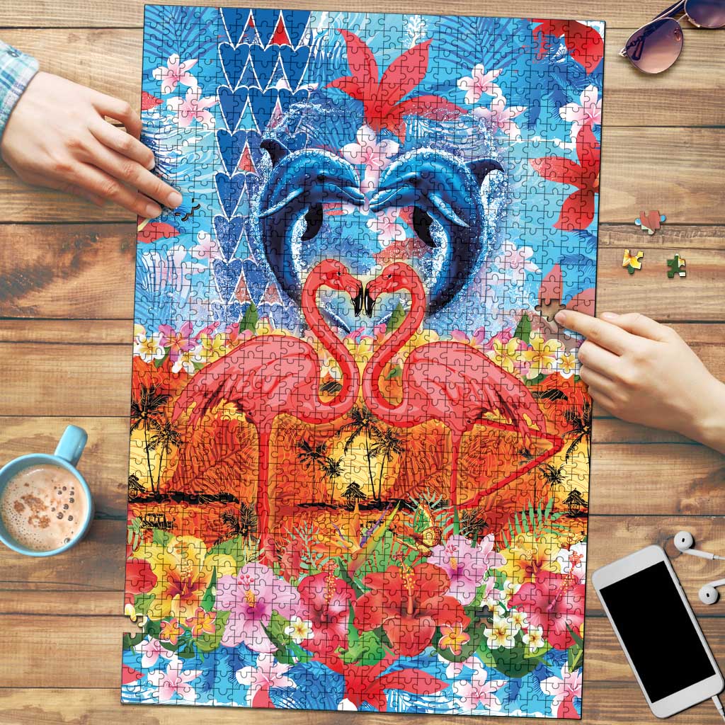 Hawaiian Love-Couple Dolphins and Flamingos Puzzle - Polynesian Pride