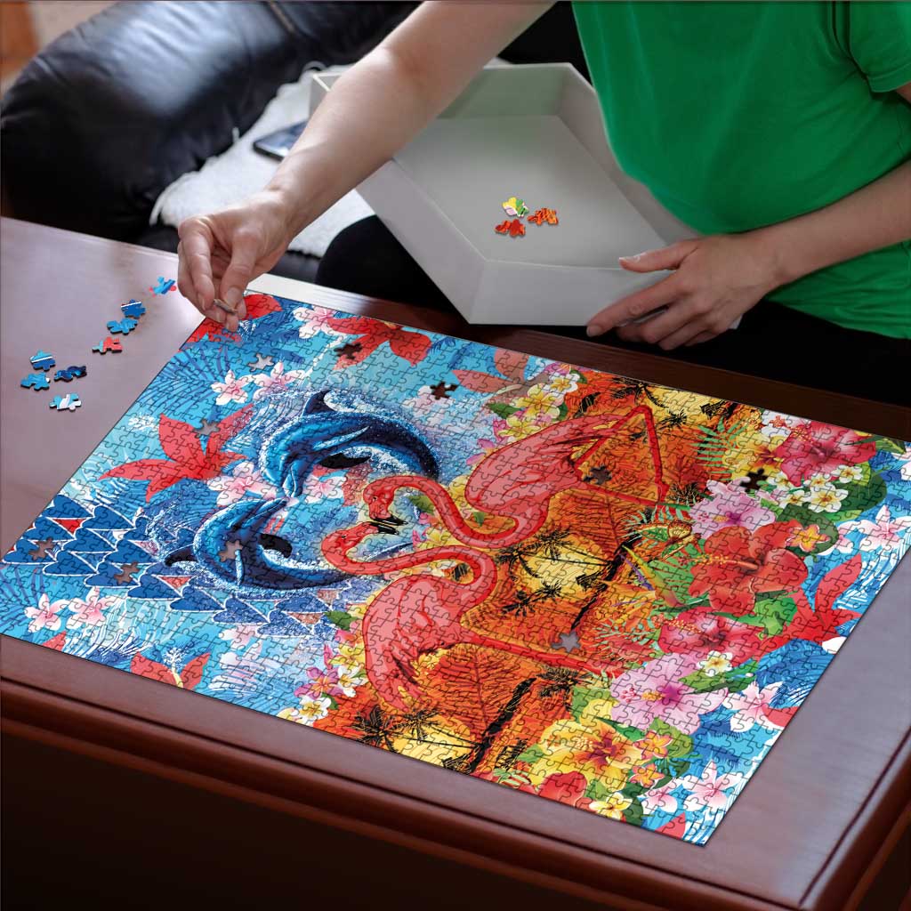 Hawaiian Love-Couple Dolphins and Flamingos Puzzle - Polynesian Pride