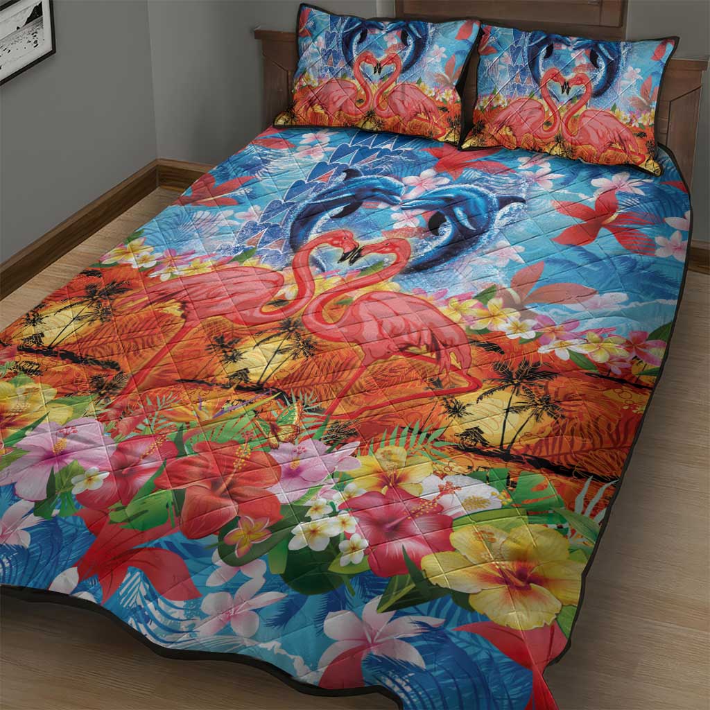 Hawaiian Love-Couple Dolphins and Flamingos Quilt Bed Set - Polynesian Pride