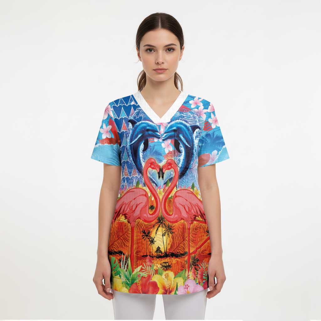Hawaiian Love-Couple Dolphins and Flamingos Scrub Top - Polynesian Pride