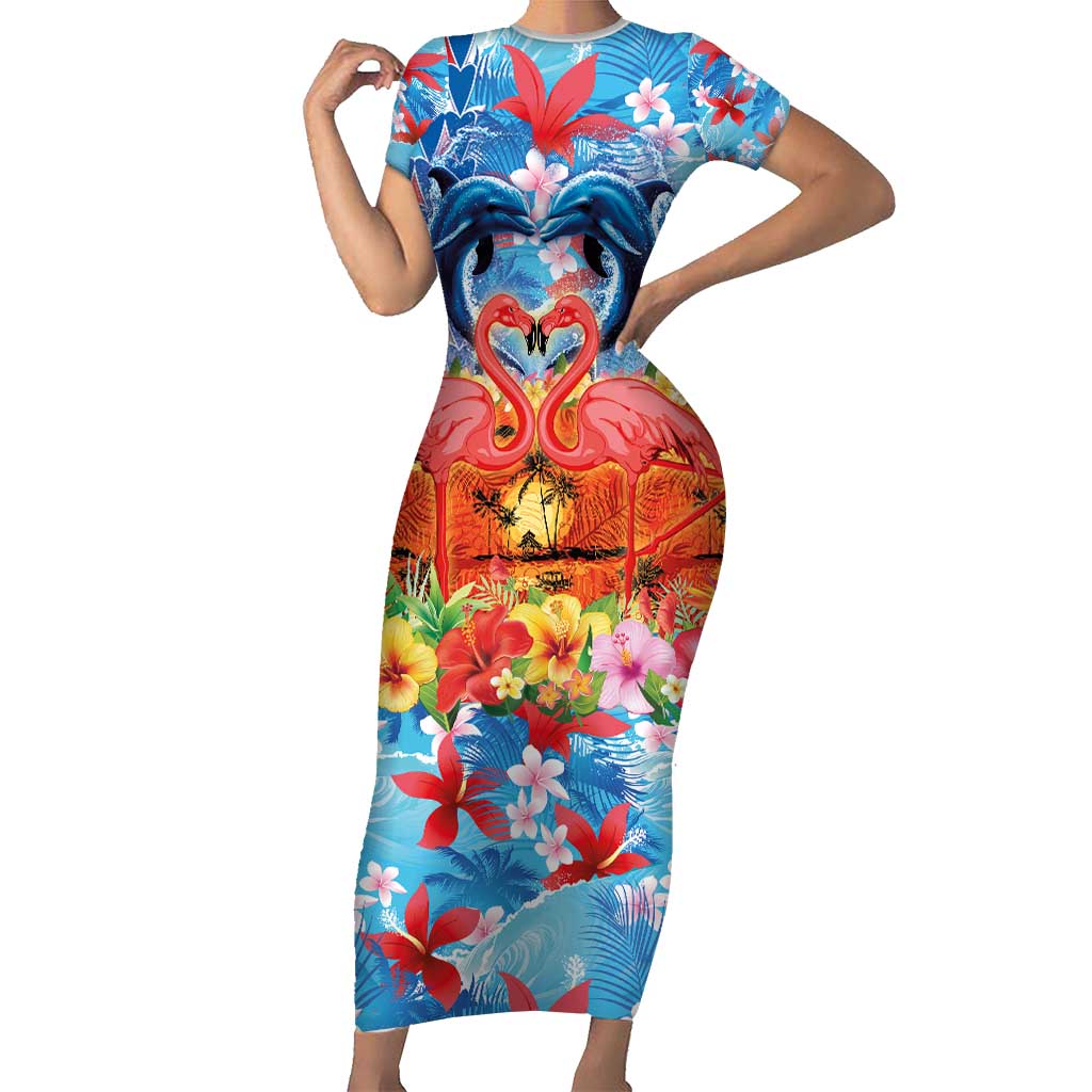 Hawaiian Love-Couple Dolphins and Flamingos Short Sleeve Bodycon Dress - Polynesian Pride