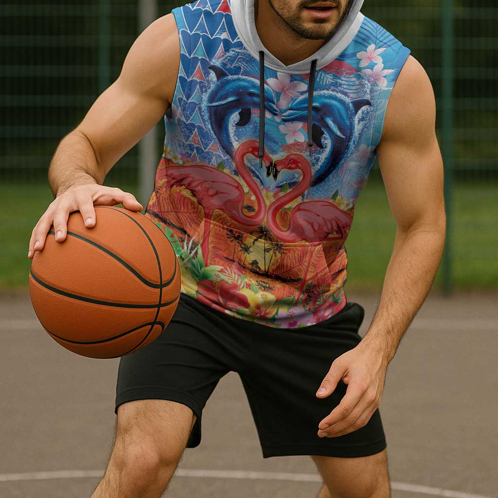 Hawaiian Love-Couple Dolphins and Flamingos Sleeveless Hoodie - Polynesian Pride