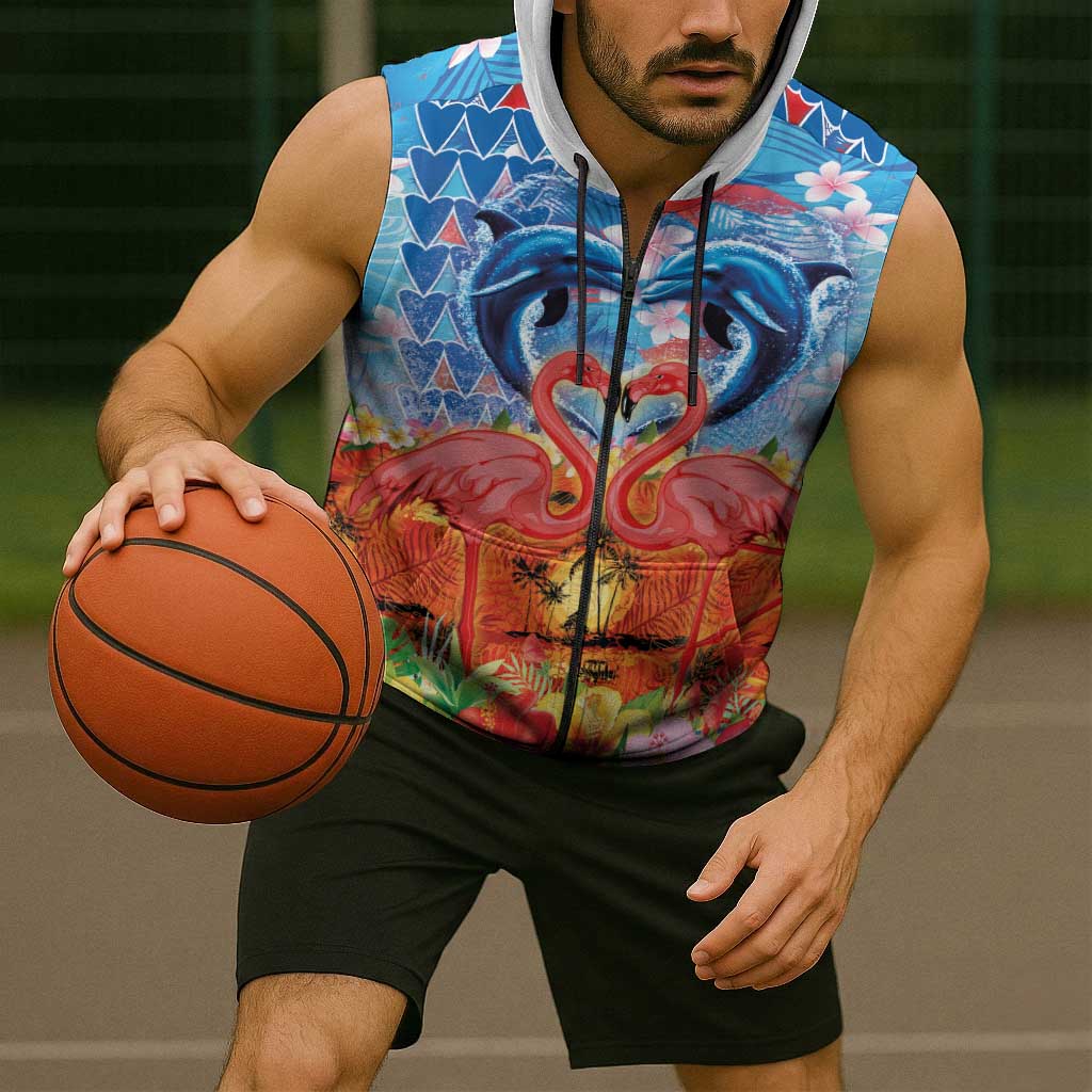 Hawaiian Love-Couple Dolphins and Flamingos Sleeveless Zip Hoodie - Polynesian Pride