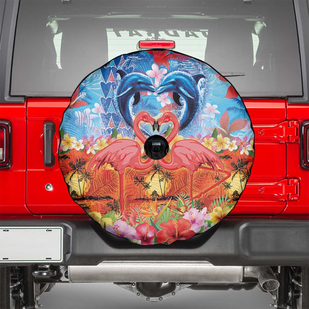 Hawaiian Love-Couple Dolphins and Flamingos Spare Tire Cover - Polynesian Pride