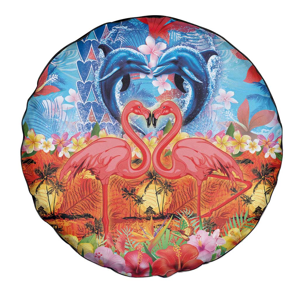 Hawaiian Love-Couple Dolphins and Flamingos Spare Tire Cover - Polynesian Pride