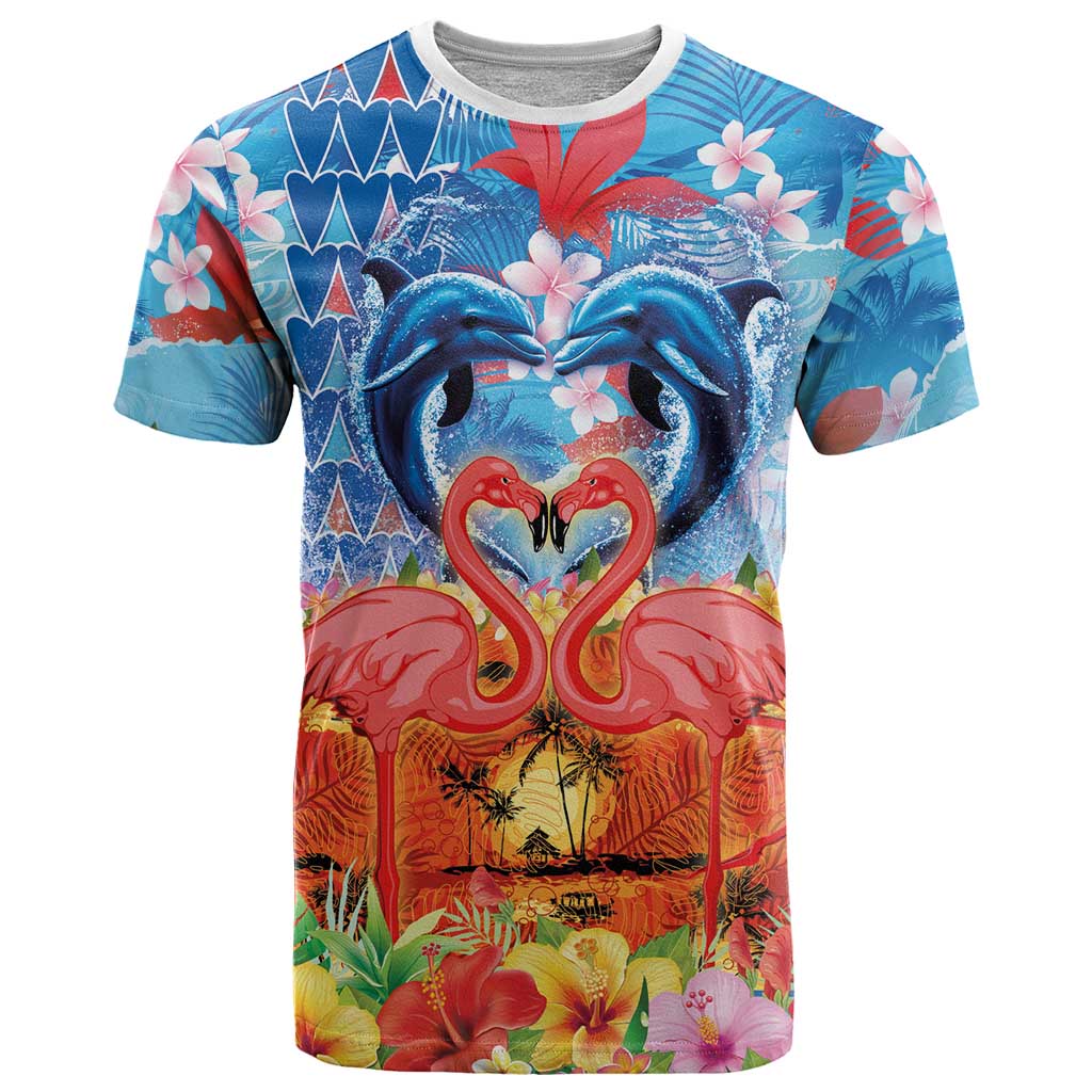 Hawaiian Love-Couple Dolphins and Flamingos T Shirt - Polynesian Pride