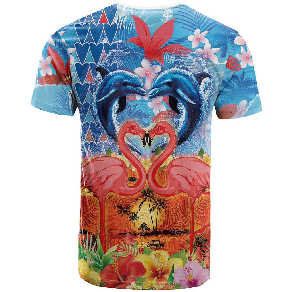 Hawaiian Love-Couple Dolphins and Flamingos T Shirt - Polynesian Pride