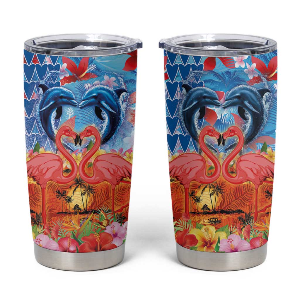 Hawaiian Love-Couple Dolphins and Flamingos Tumbler Cup - Polynesian Pride