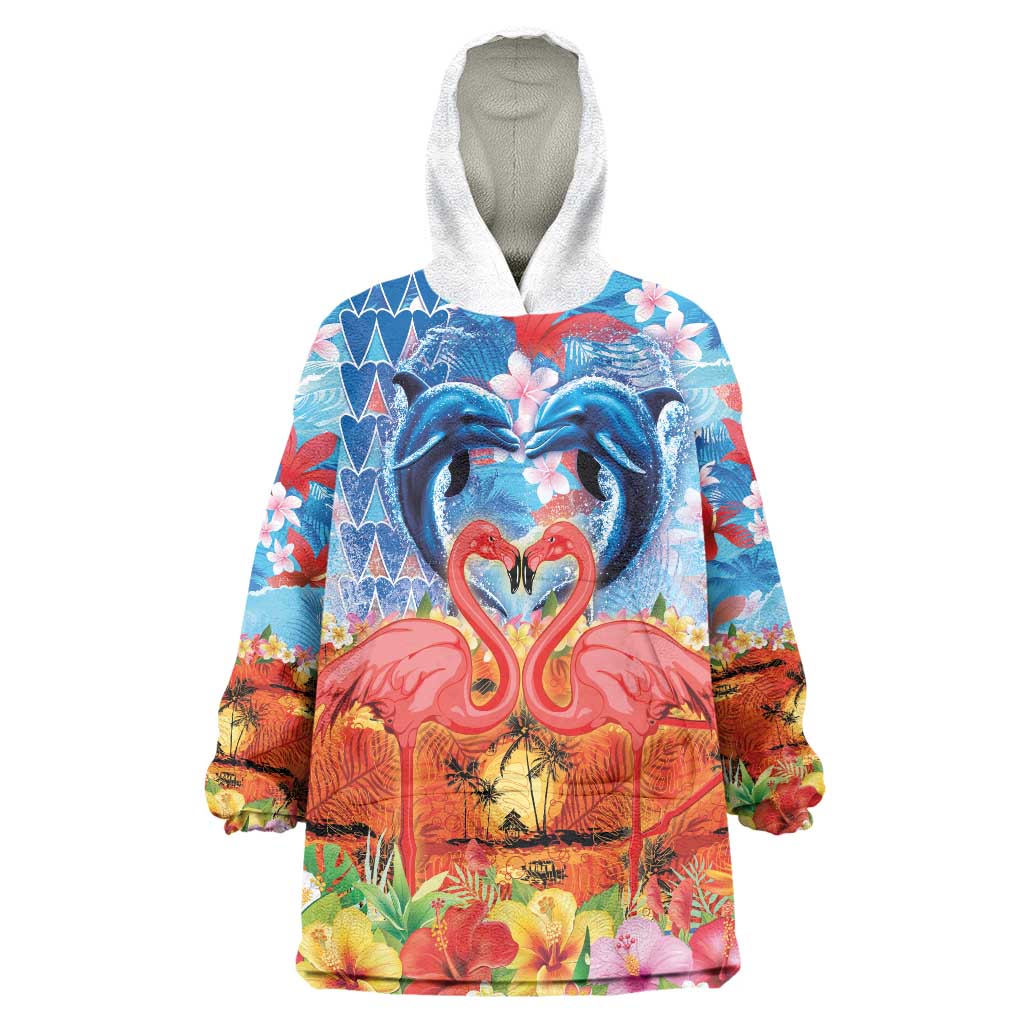 Hawaiian Love-Couple Dolphins and Flamingos Wearable Blanket Hoodie - Polynesian Pride