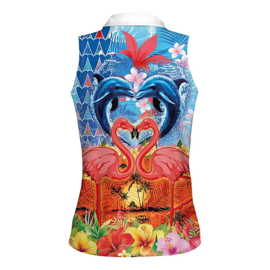 Hawaiian Love-Couple Dolphins and Flamingos Women Sleeveless Polo Shirt - Polynesian Pride