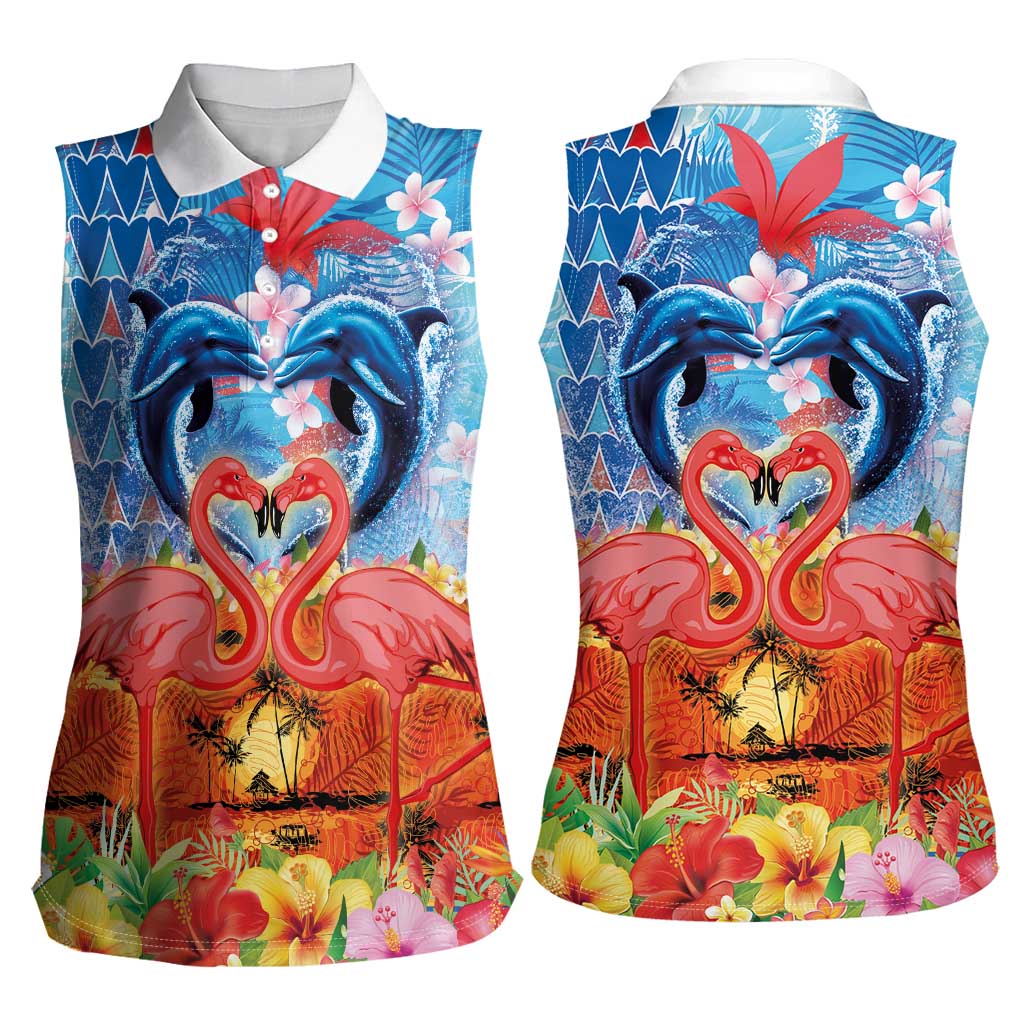 Hawaiian Love-Couple Dolphins and Flamingos Women Sleeveless Polo Shirt - Polynesian Pride